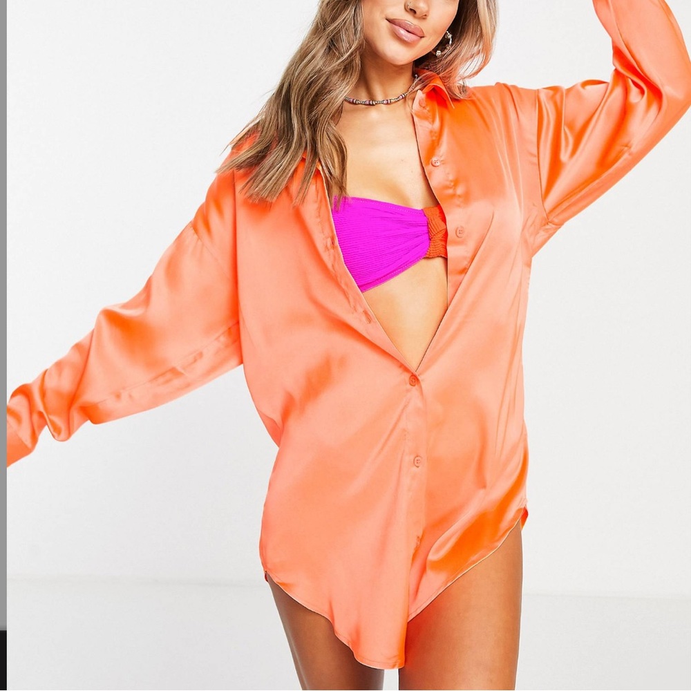 ASOS Design color block satin button-down beach shirt in neon orane S